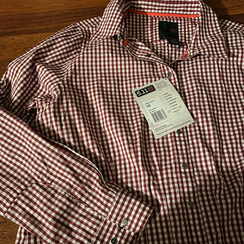 5.11 Tactical M Gingham wine burgundy snap buttons long sleeve military collar